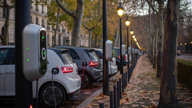 Photo electric vehicle charging station with cars powering up the shift towards electric vehicles and sustainable transportation is a significant technological advancement