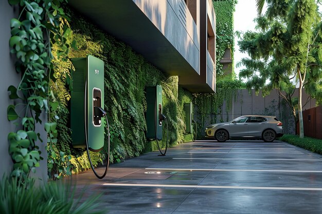 Photo electric vehicle charging station with green wall