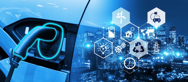 Electric vehicle charging with power cable supply plugged at station with icon and city in background EV charging station green energy blue power electric energy technology and EV Car concept