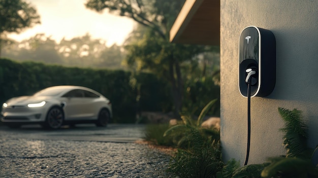 Photo an electric vehicle is charging at a station in a serene residential area under soft evening light