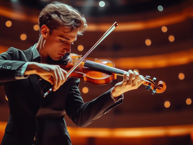 Photo electric violinist in modern concert hall