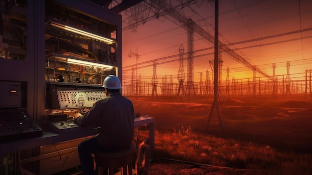 An electrical engineer checking position using notebook computer at power station for planning work production of high voltage electric poles Generative Ai