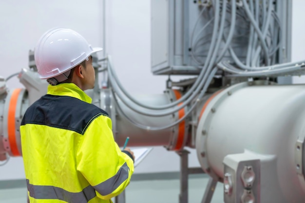 Electrical engineer man checking voltage at the Power Distribution Cabinet in the control roompreventive maintenance YearlyThailand Electrician working at company