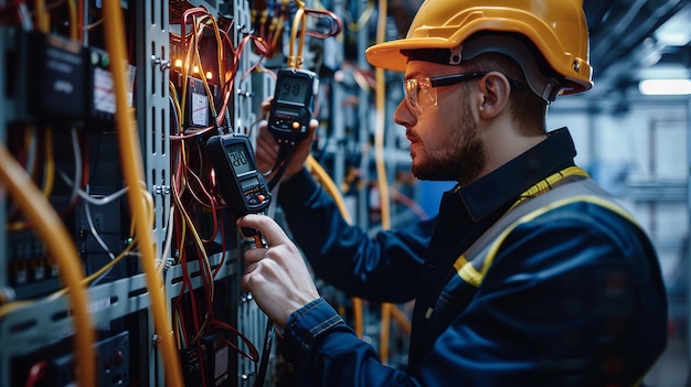 Photo electrical engineer using digital multimeter