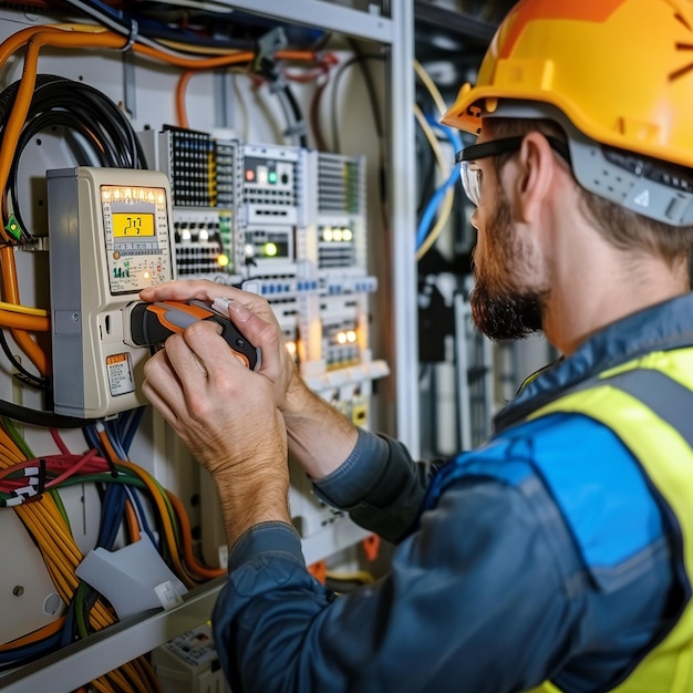 Photo electrical engineer using digital multimeter