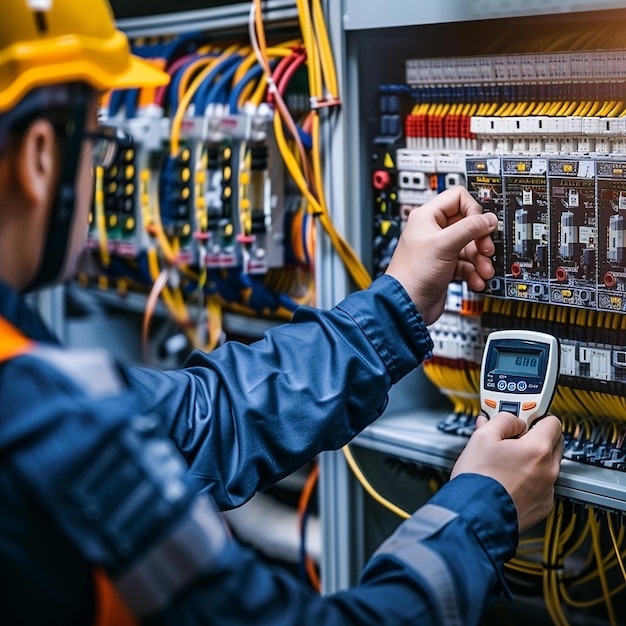 Photo electrical engineer using digital multimeter