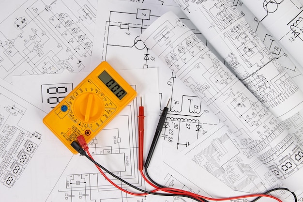 Electrical engineering drawings and digital multimeter