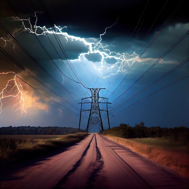 Electrical power line breakage during storm and lightning