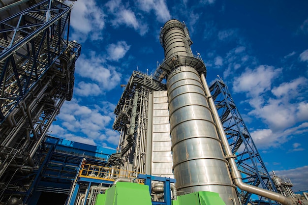 Electrical power plant during substation smoke stack and power plant beautiful colur blue sky