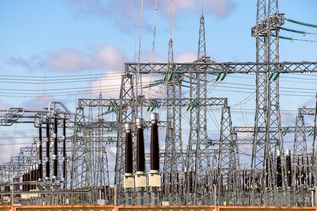 Electrical substation with power transformers and measuring elements Outdoor power plant closeup