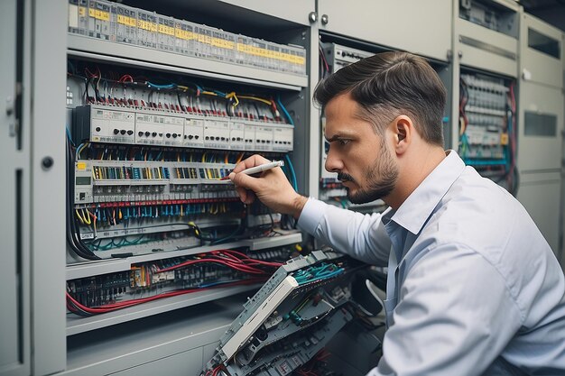 Photo electrical technician working in switchboard with fuses