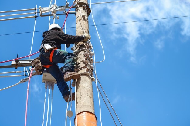 Photo electrician ascending a power pole with safety gear