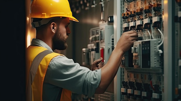 Electrician engineer tests electrical installations and wires on relay protection system Bay control unit Medium voltage switchgear Generative Ai