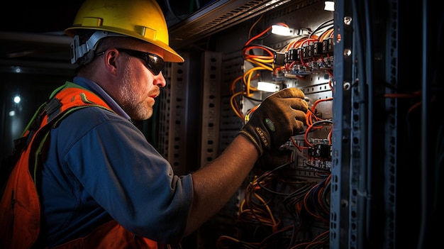 Electrician engineer with plan to check electrical supply in front of control fuse switchboard