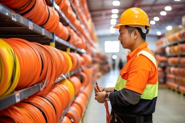 electrician engineer or worker checking electric cable in robot factory