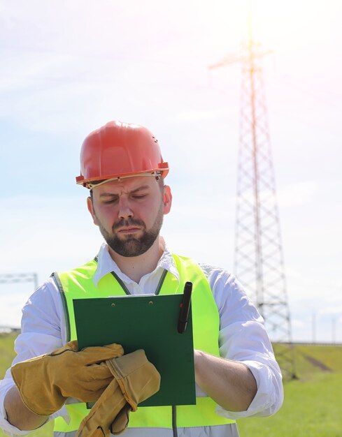 Photo an electrician in the fields near the power transmission line. the electrician manages the process of erecting power lines. the mechanic in a helmet and a reflective form and special gloves at work.