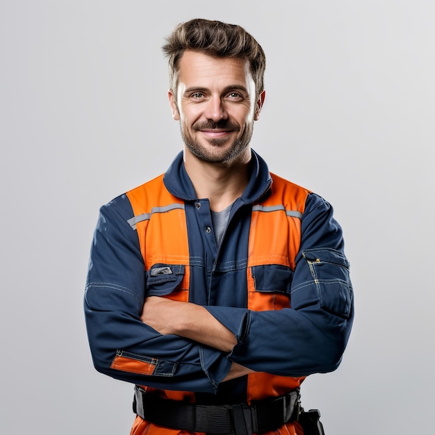 Electrician holding cable on his shoulder and smiling isolated on white background