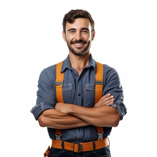 Electrician holding cable on his shoulder and smiling isolated on white background