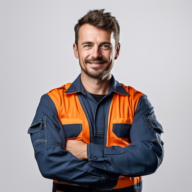 Electrician holding cable on his shoulder and smiling isolated on white background