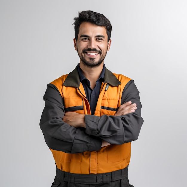 Electrician holding cable on his shoulder and smiling isolated on white background