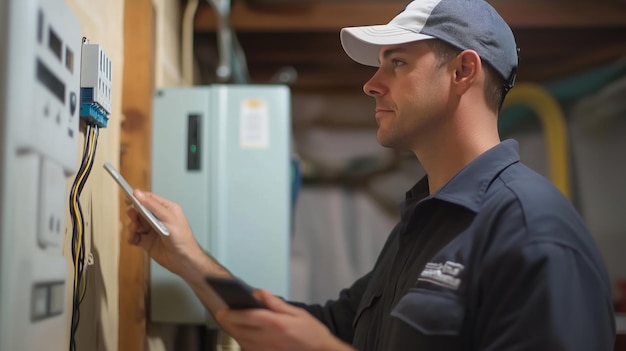 Electrician inspecting circuit panel in a residential basement during daylight hours