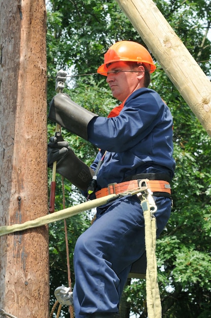 An electrician install a portable grounding device on a power line to protect against electric shock