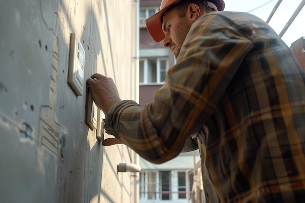 Electrician installing light switches in building