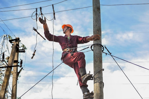 Electrician lineman repairman worker  installs the grounding on the power line before repairing it.