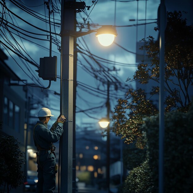 Electrician Repairing Streetlights at Night