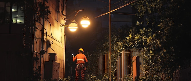 Photo electrician repairing streetlights at night