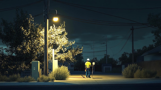 Photo electrician repairing streetlights at night