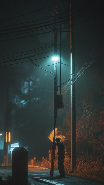 Photo electrician repairing streetlights at night