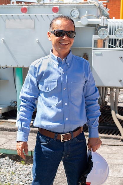 An electrician smiles as he completes the installation of the industrial electrical transformer