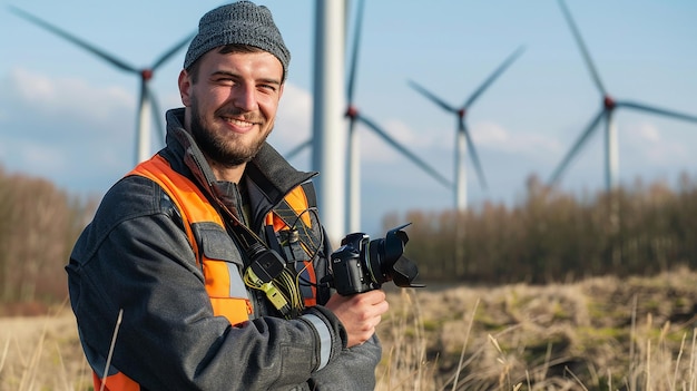 Photo an electrician specialized in wind turbines is captured in front of a striking landscape of windmill