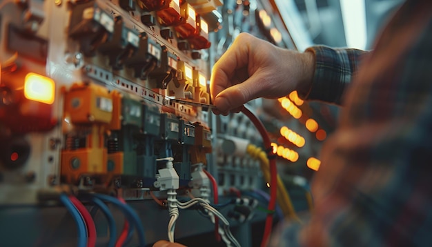 Photo electrician switching off circuit breakers in fuse box closeup