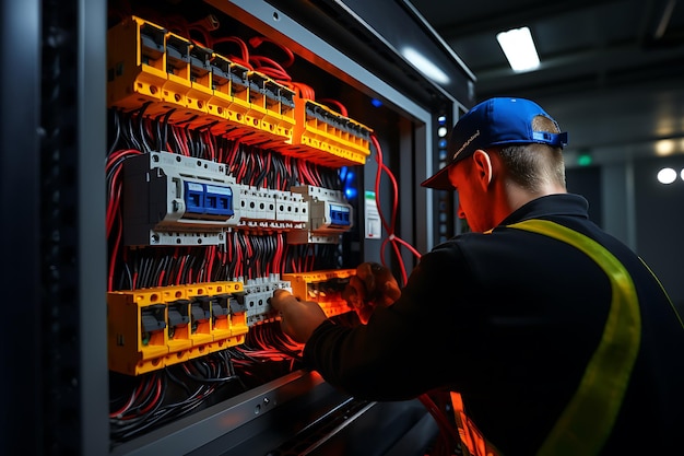 Photo electrician or technician working in datacenter electrical panel with contactors and switches