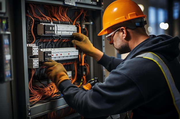 Photo electrician or technician working in datacenter electrical panel with contactors and switches