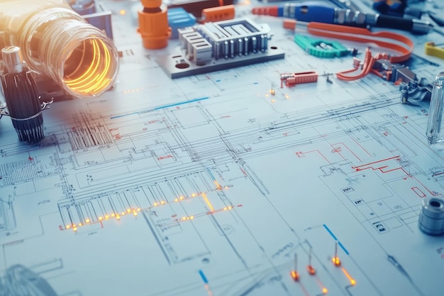 Photo electrician tools and electrical equipment on wiring diagram