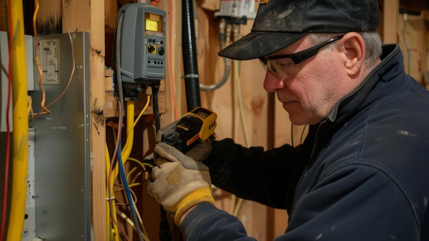 Electrician using a multimeter to test wiring in a residential electrical panel