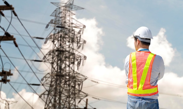 Electrician watching the power tower in electricity substation with clouds sky background