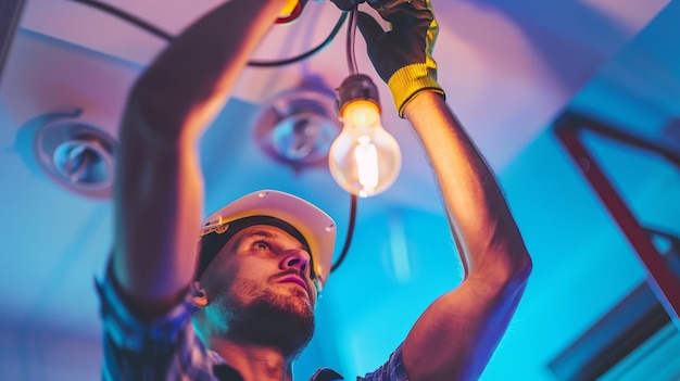 Photo electrician wearing safety gear installing a light bulb in a modern vibrant setting with blue and pi