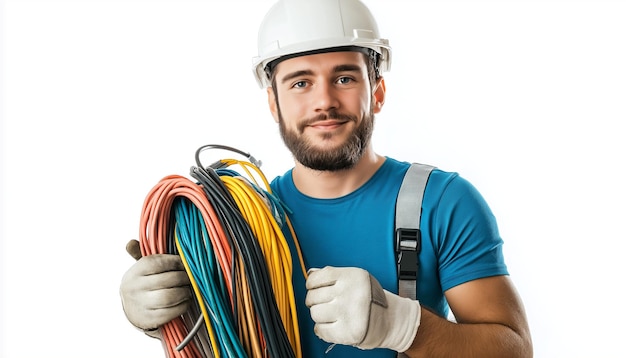 Photo electrician on white background the electrician wears a blue tshirt and a white helmet in the le