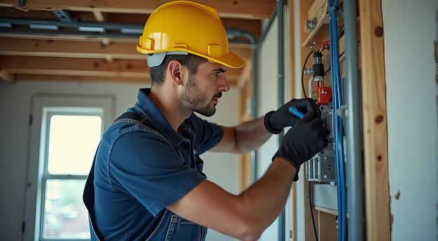 Photo electrician working on a circuit panel in a residential building during daylight hours ensuring safety and functionality