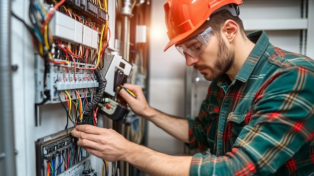 An electrician working on complex wiring in a control panel at a commercial facility during the afternoon hours