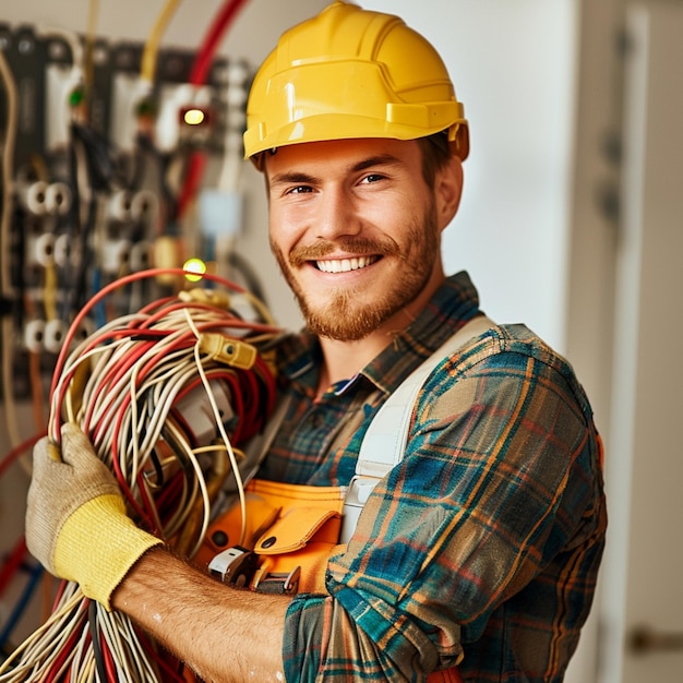 Electrician working at electric panel