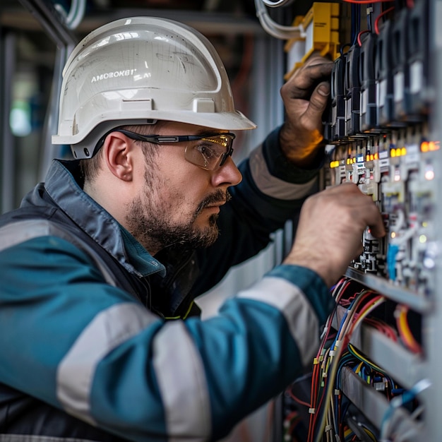 Electrician working at electric panel