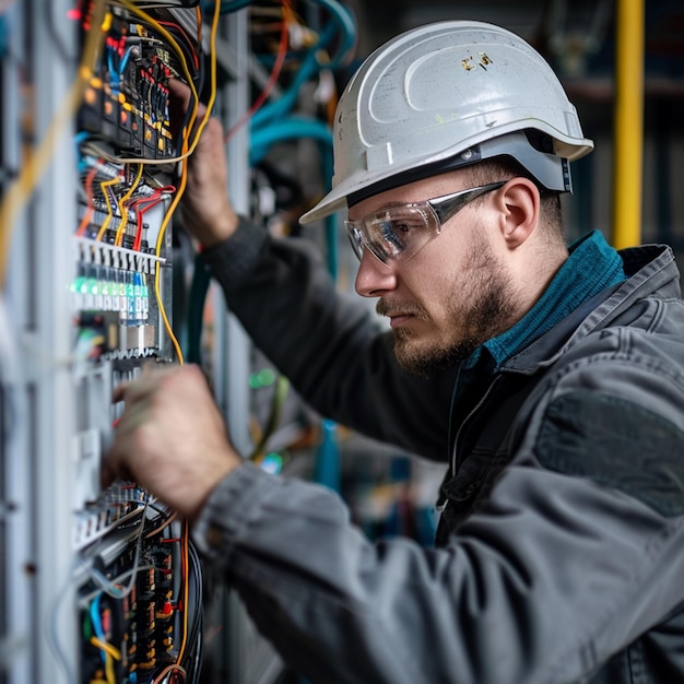 Electrician working at electric panel