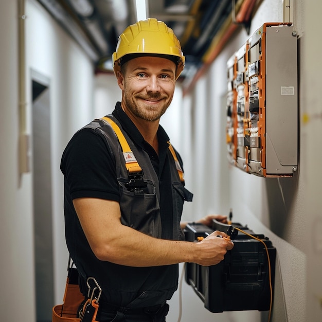 Electrician working at electric panel