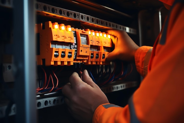 Electrician working in a fuse box Electrical panel with contactors