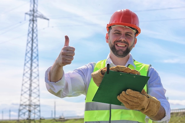 Electrician working in a helmet wearing gloves stand in a field